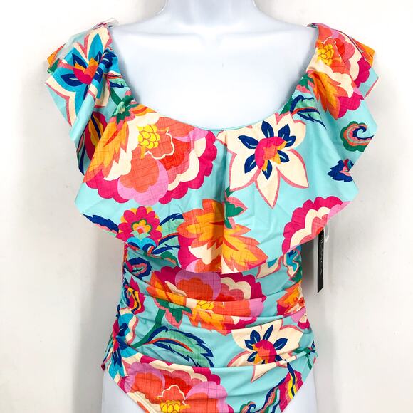 LA BLANCA Breezy Beauty One-Piece Swimsuit 8 Blue Ruffle Off the Shoulder NWT - Picture 4 of 11